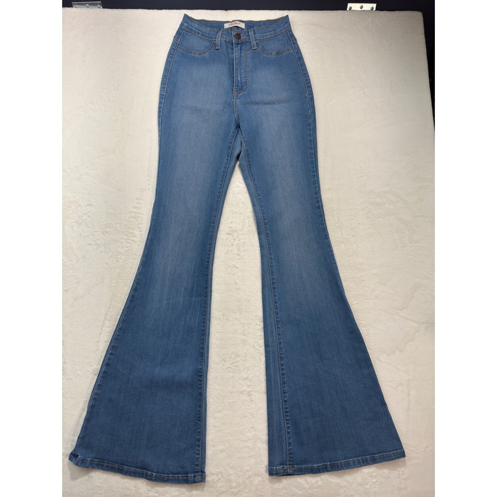 Vibrant MIU Womens High Rise Flare Jeans Med Wash Bell Bottom Denim Blue 3 W25